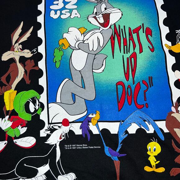 Vintage 90s Looney Tunes Stamp Collection Bugs Bunny  T-shirt in postage box L/X - Picture 4 of 11